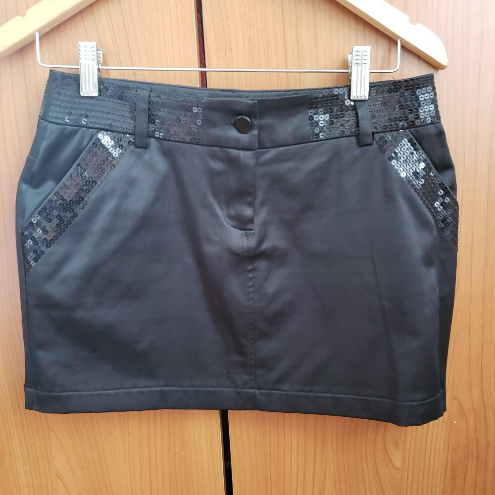 Women's Low-Rise Sequin Mini Skirt Vintage Black Satin Stretch Size 2 / XS